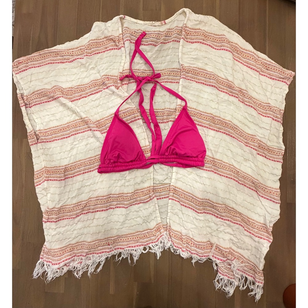 Kona Sol Pink Bikini Top S & Striped Fringe Kimono Cover Up M Set
